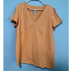 Stretch Women's 18/20W Orange Sequin V-Neck Lettuce Edge T-Shirt Top 1648‎